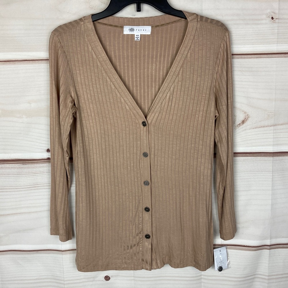 Fever Top Womens XS Beige Ribbed Knit Blouse Button Up 3/4 Sleeve V-Neck Solid
